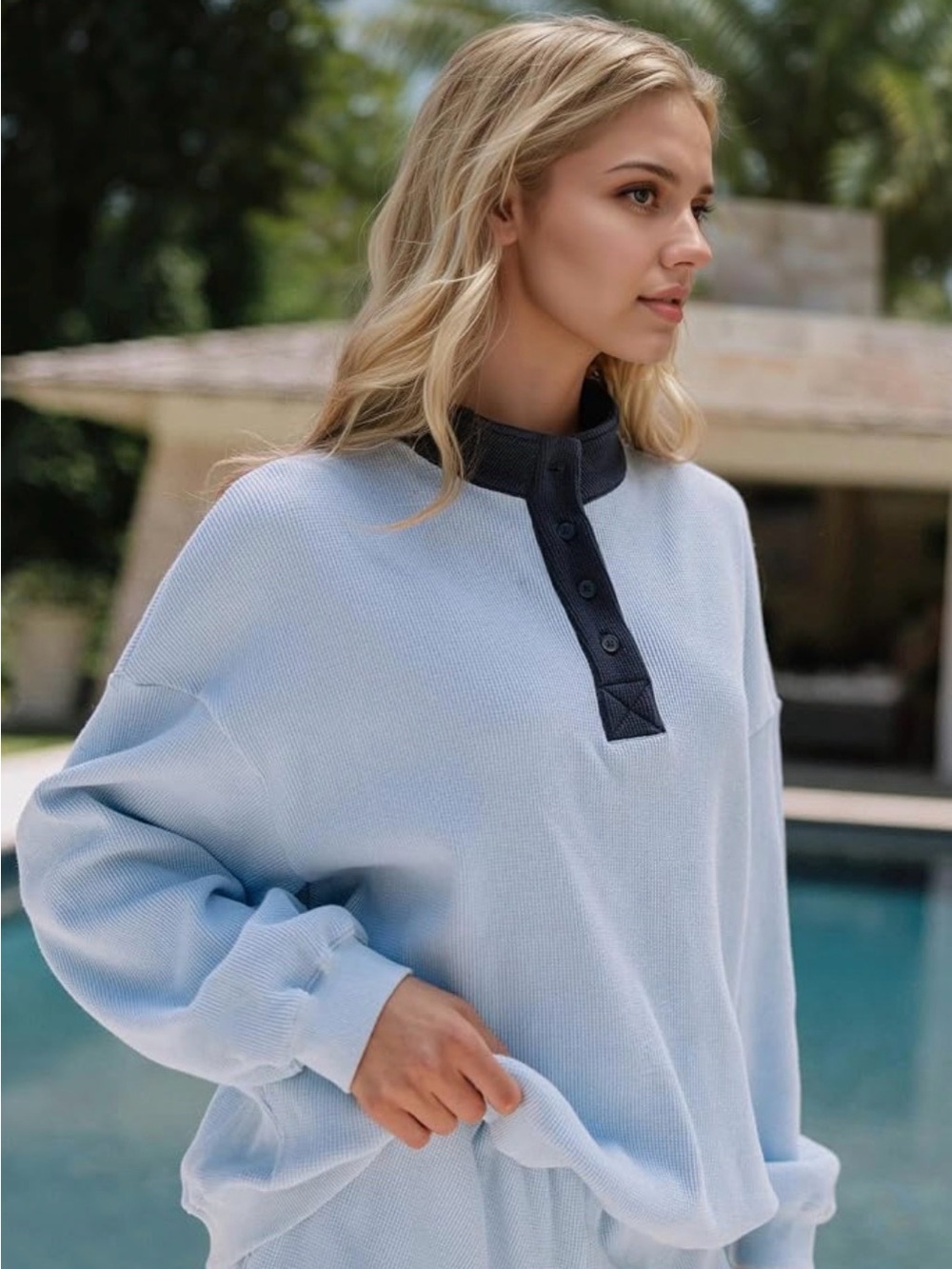 Women’s Lounge Pajama Set with - Light blue with dark blue contrast - Picture 4 of 5